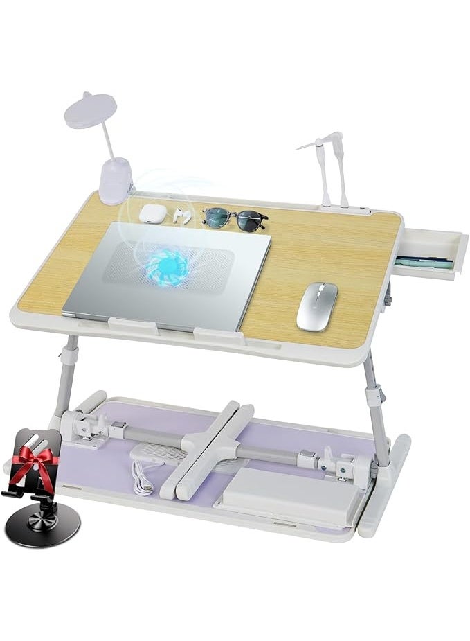 طاولة لابتوب خشبية باللون البلوط الأبيض - مكتب سرير قابل للتعديل مع مروحة تبريد USB، إضاءة LED، ودرج تخزين - Image 1